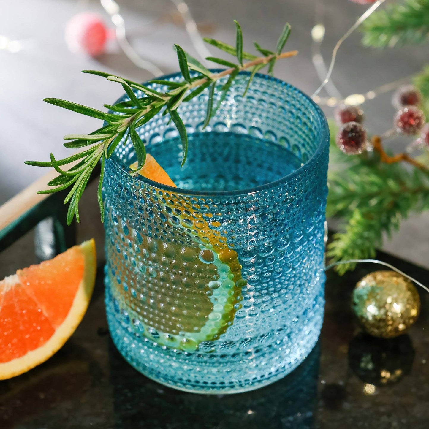 10 oz.textured beaded aqua glass set of 6