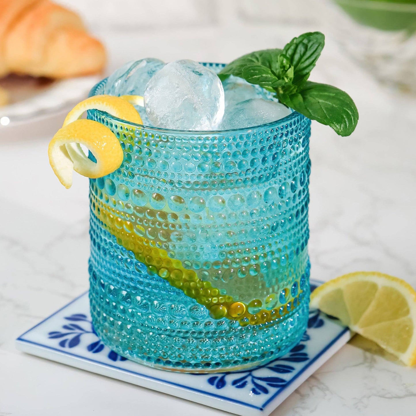 10 oz.textured beaded aqua glass set of 6