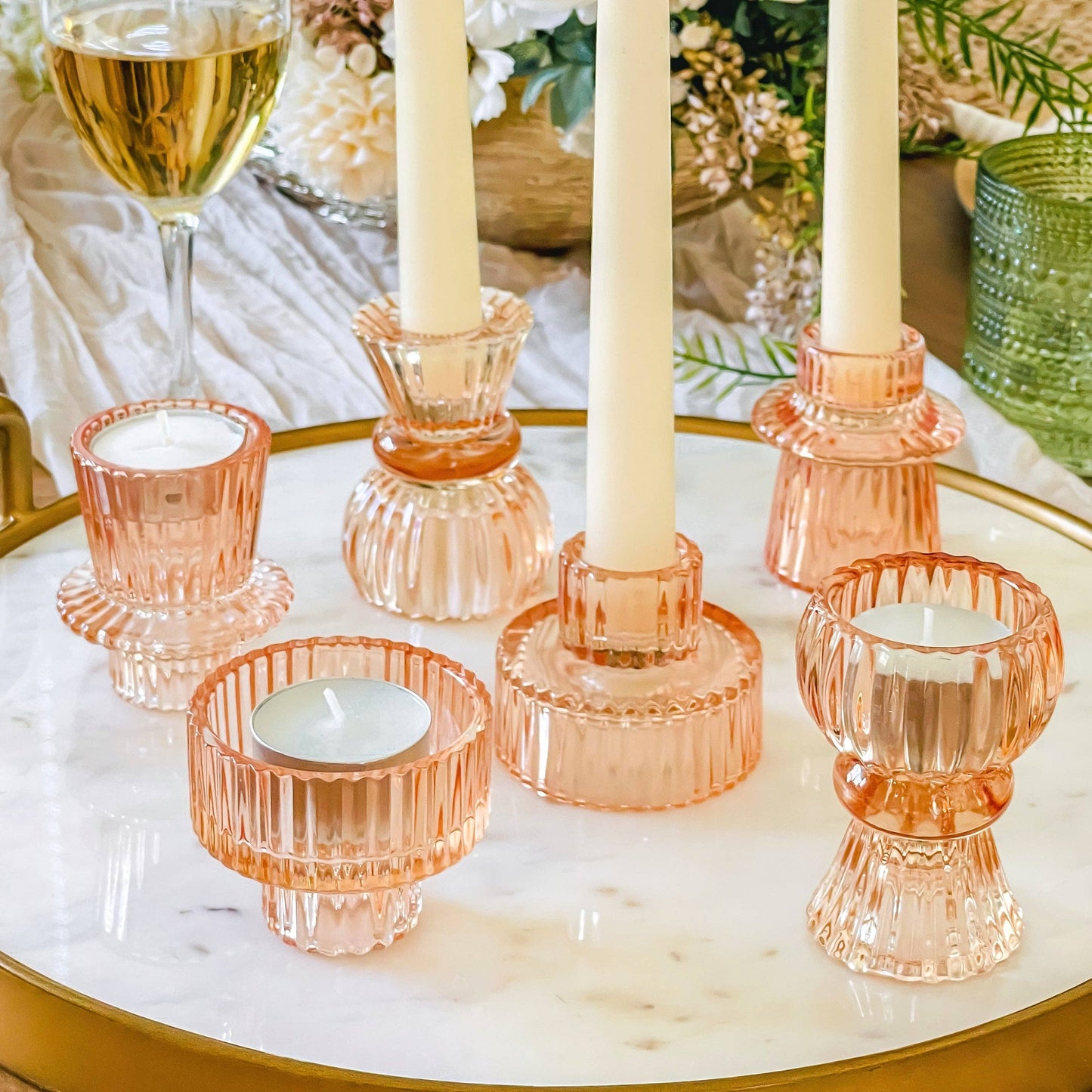 Vintage Ribbed Glass Rose Gold Candle Holders Set