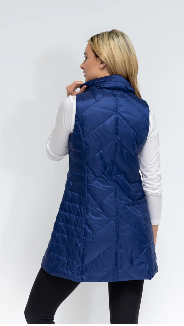 chevron quilted vest in blueberry