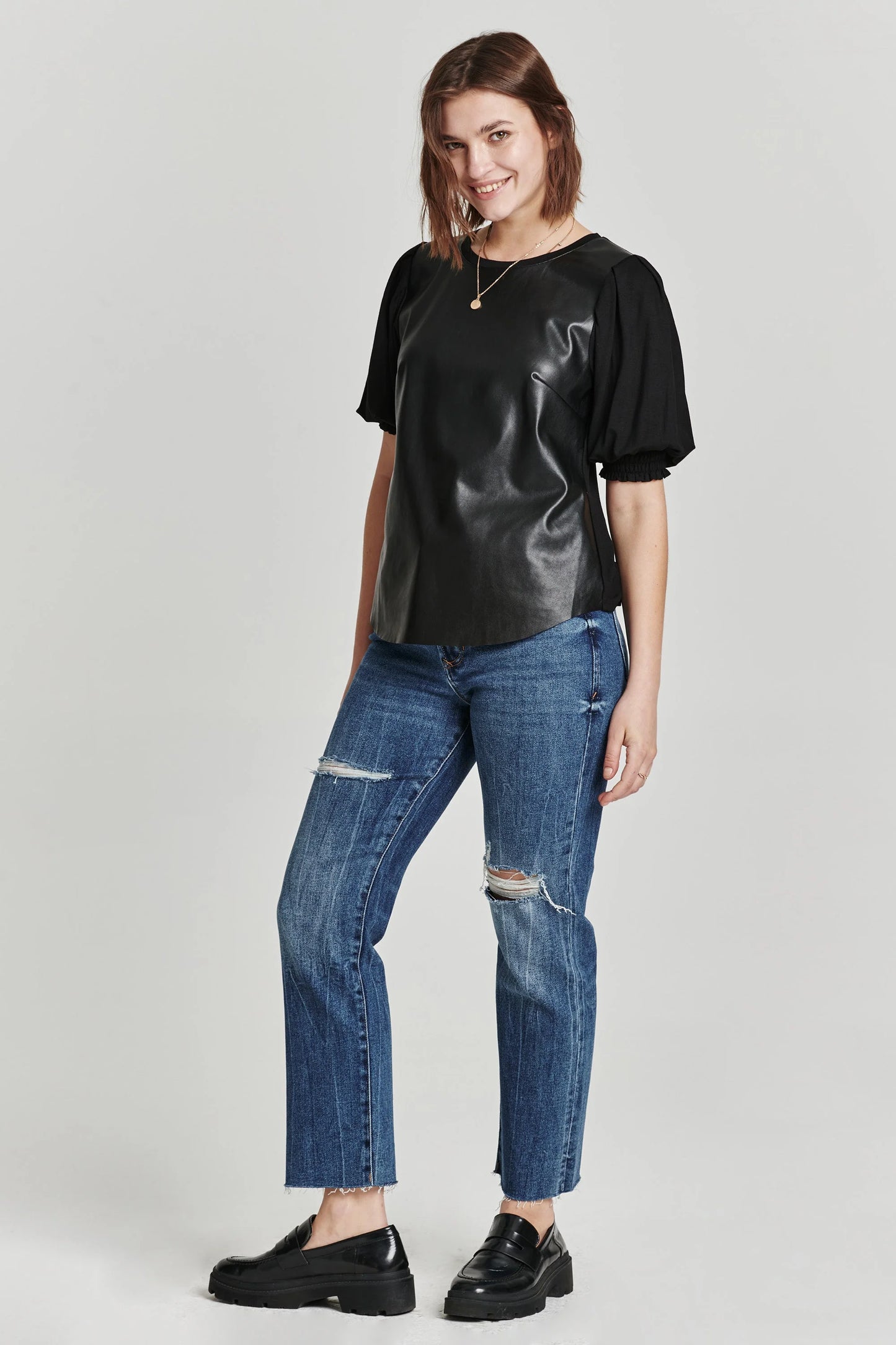 marlowe mixed media faux leather top