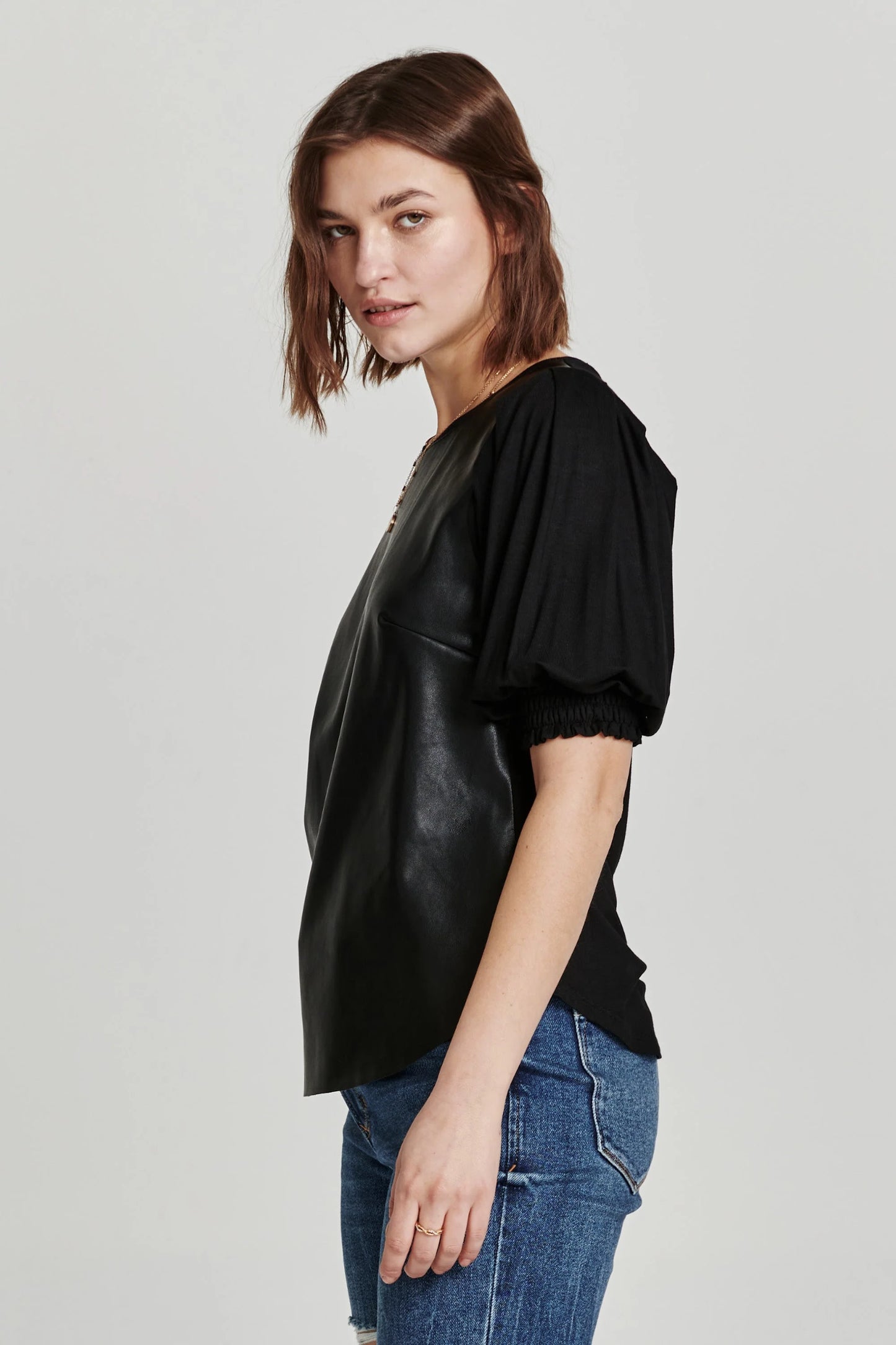 marlowe mixed media faux leather top