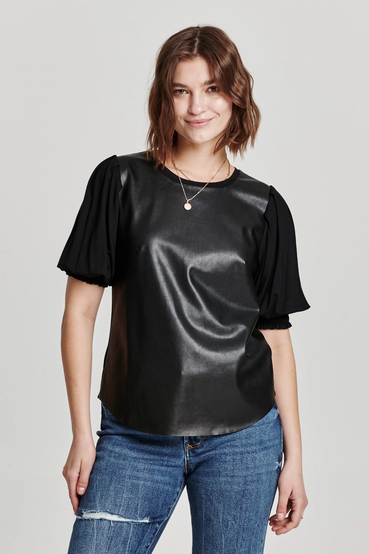 marlowe mixed media faux leather top