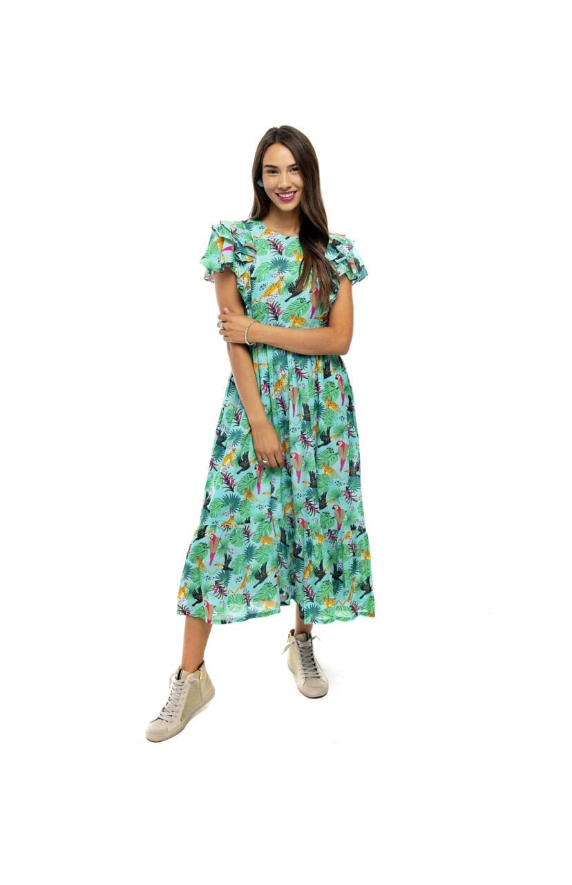 tropical birds flutter sleeve midi dress