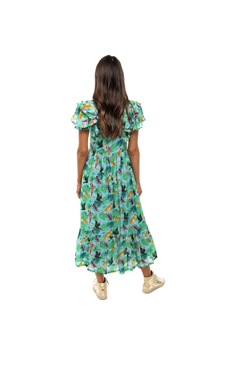 tropical birds flutter sleeve midi dress