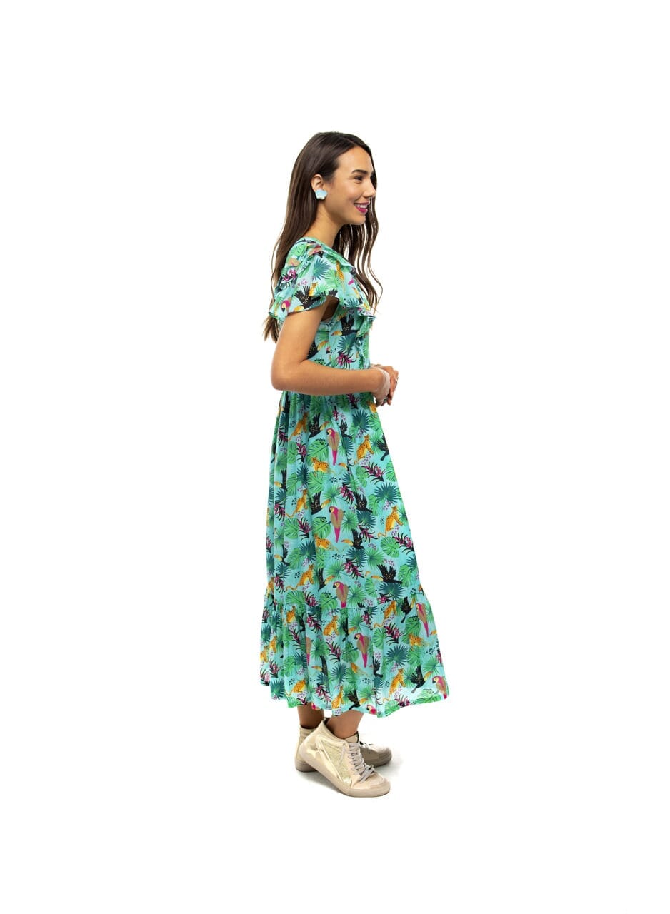 tropical birds flutter sleeve midi dress