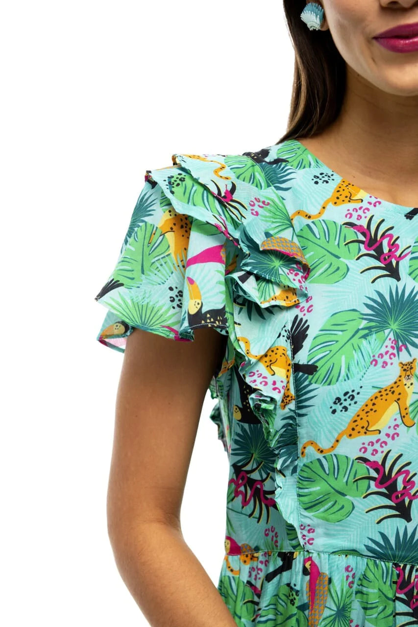tropical birds flutter sleeve midi dress