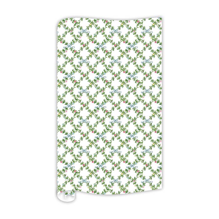Greenery with Ornaments and Blue Bows Wrapping Paper