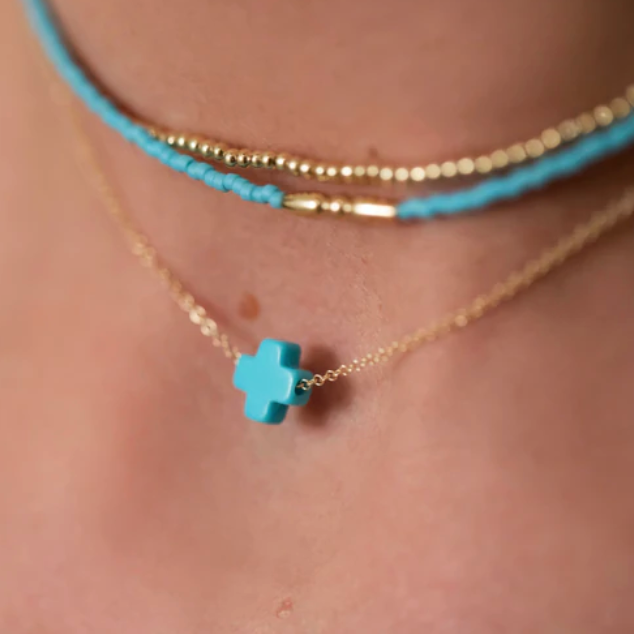 16" necklace gold - signature cross turquoise