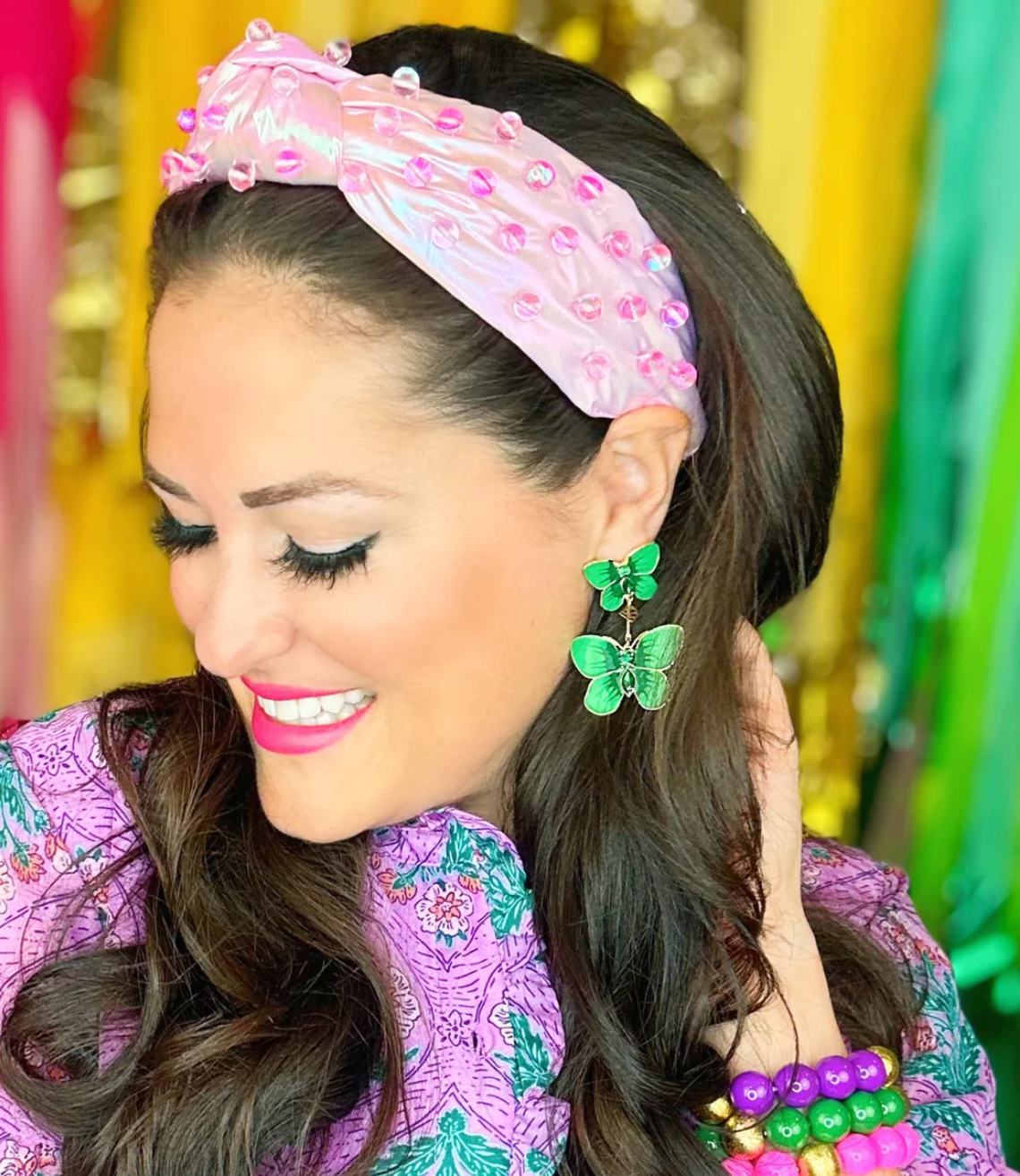 iridescent pink headband with beads