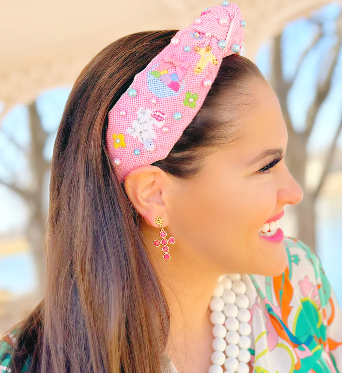 pink cross stitch easter headband with pearls