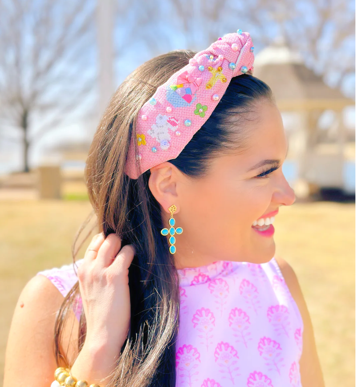 pink cross stitch easter headband with pearls