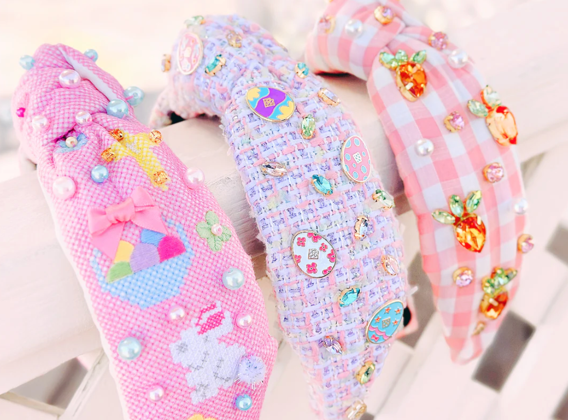 pink cross stitch easter headband with pearls