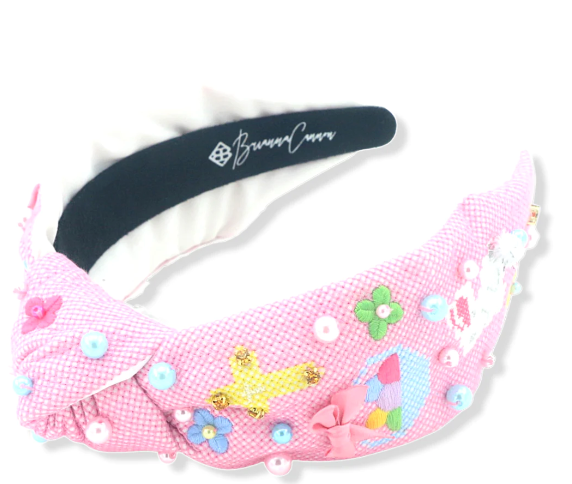 pink cross stitch easter headband with pearls