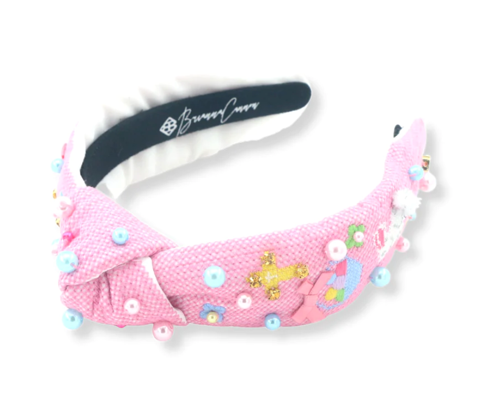 pink cross stitch easter headband with pearls child