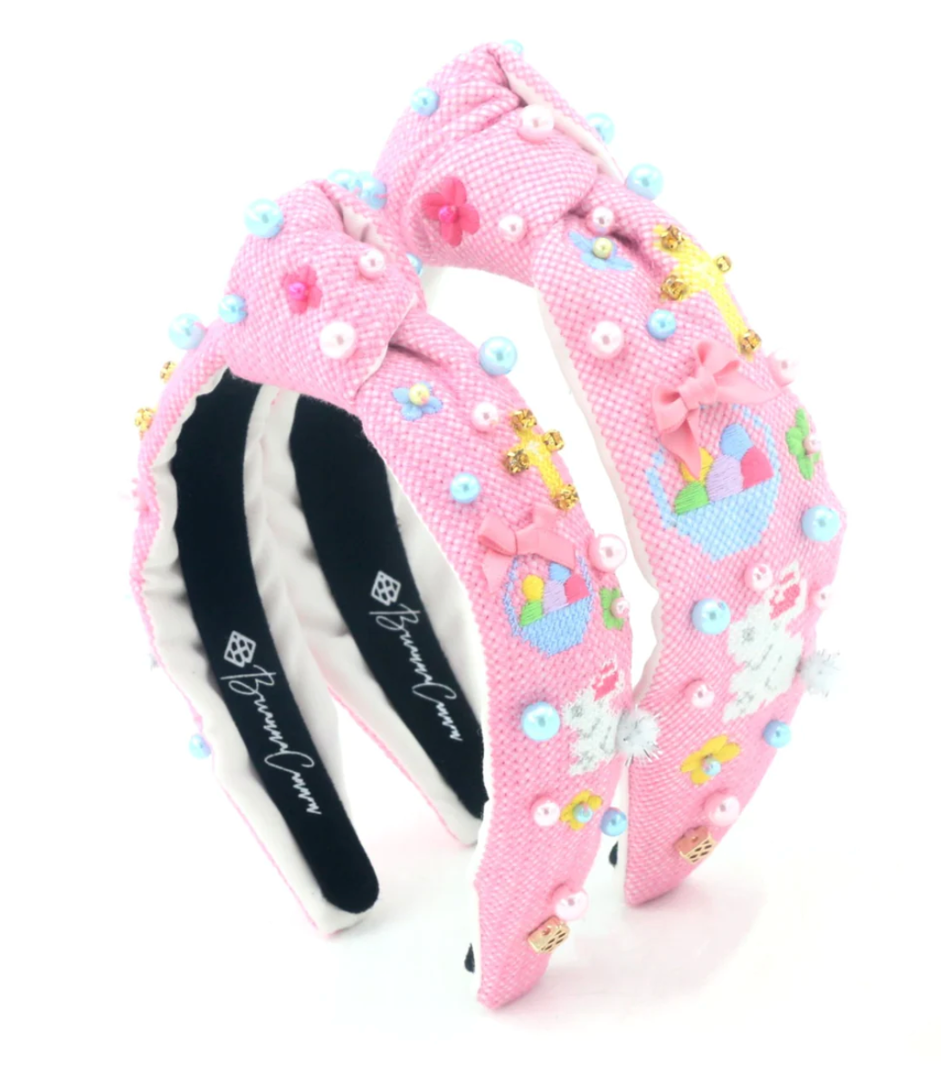 pink cross stitch easter headband with pearls child