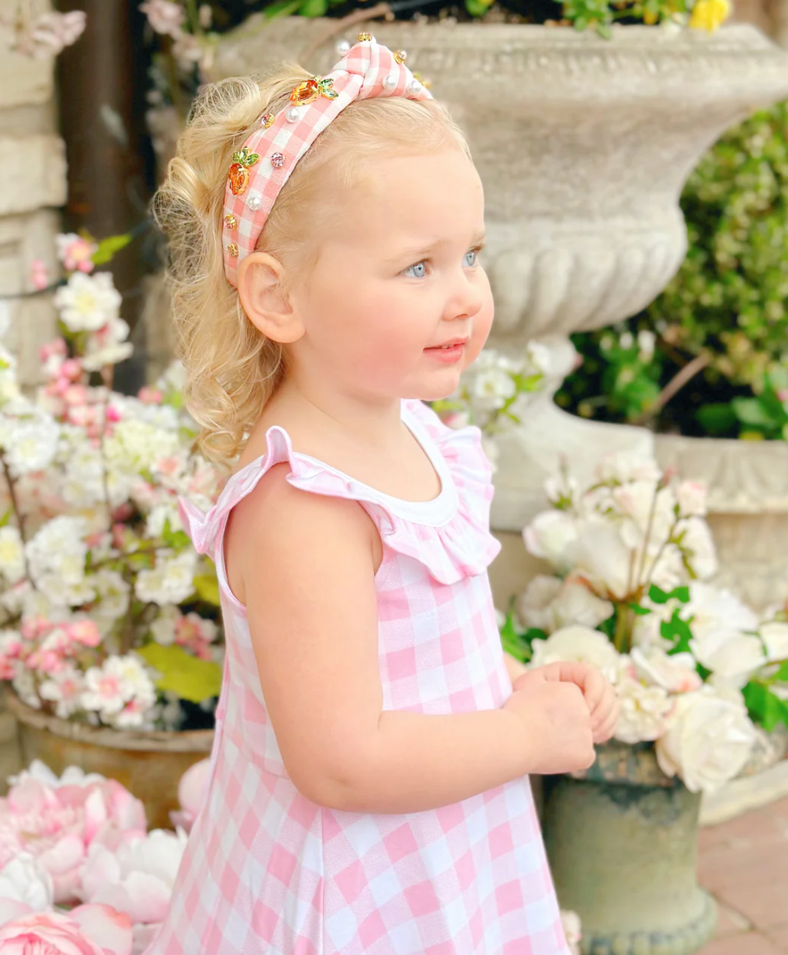 gingham headband with carrot crystals and pearls child
