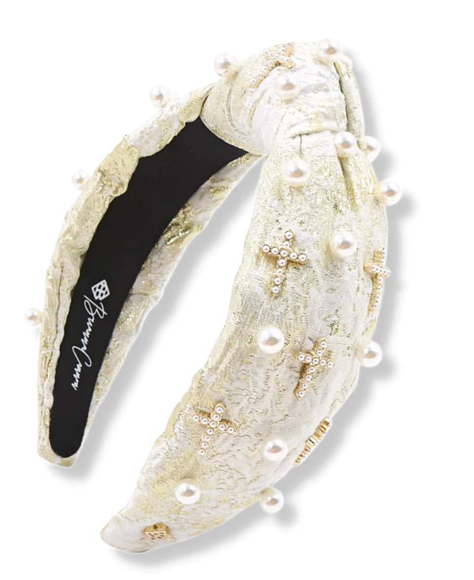 gold and ivory metallic headband with pearls and crosses