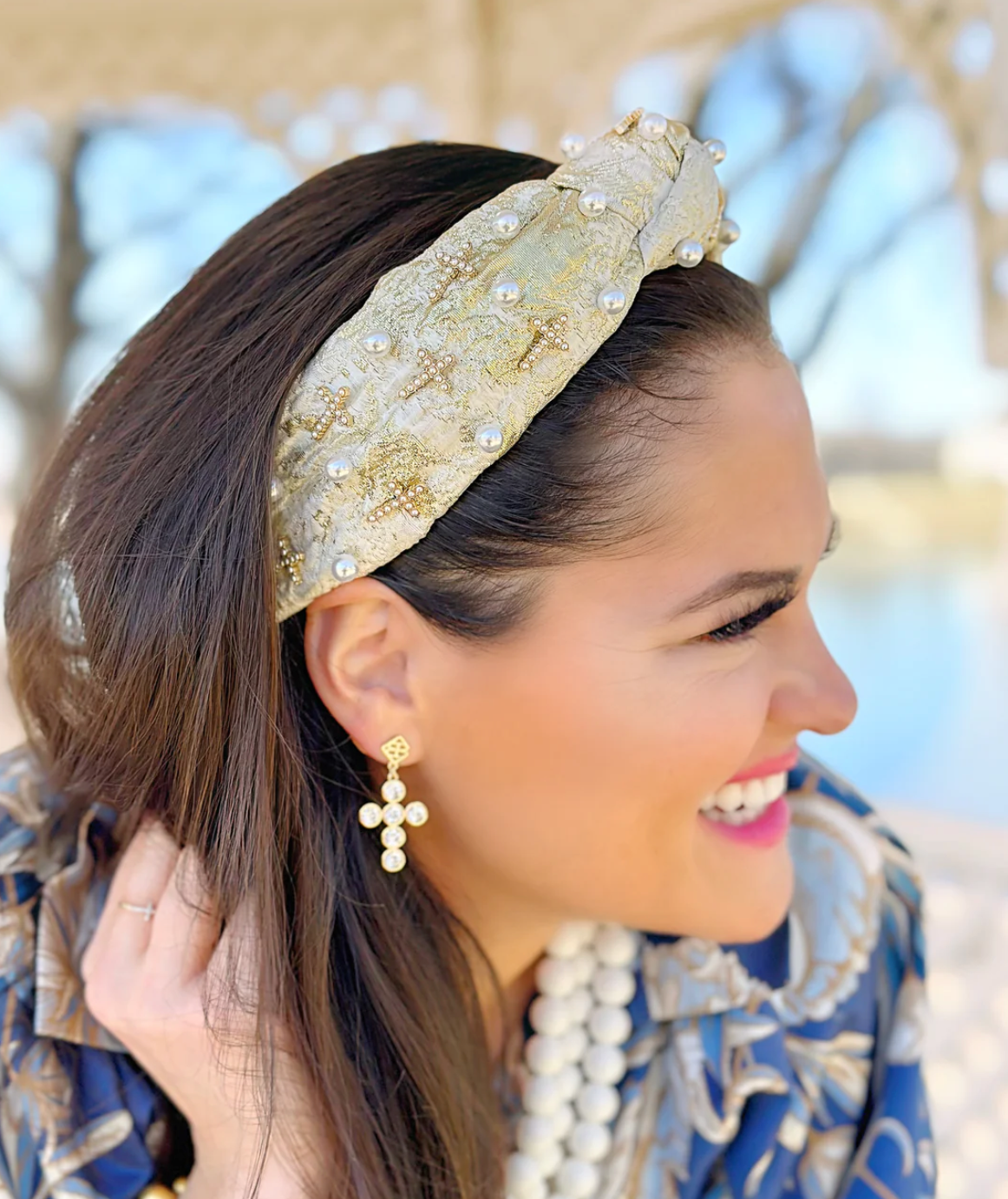 gold and ivory metallic headband with pearls and crosses