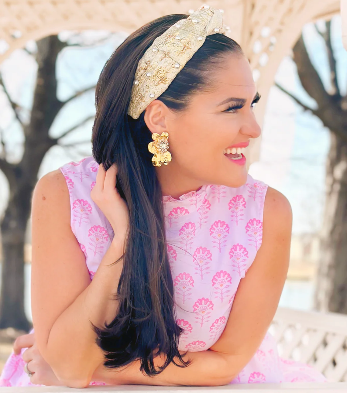 gold and ivory metallic headband with pearls and crosses