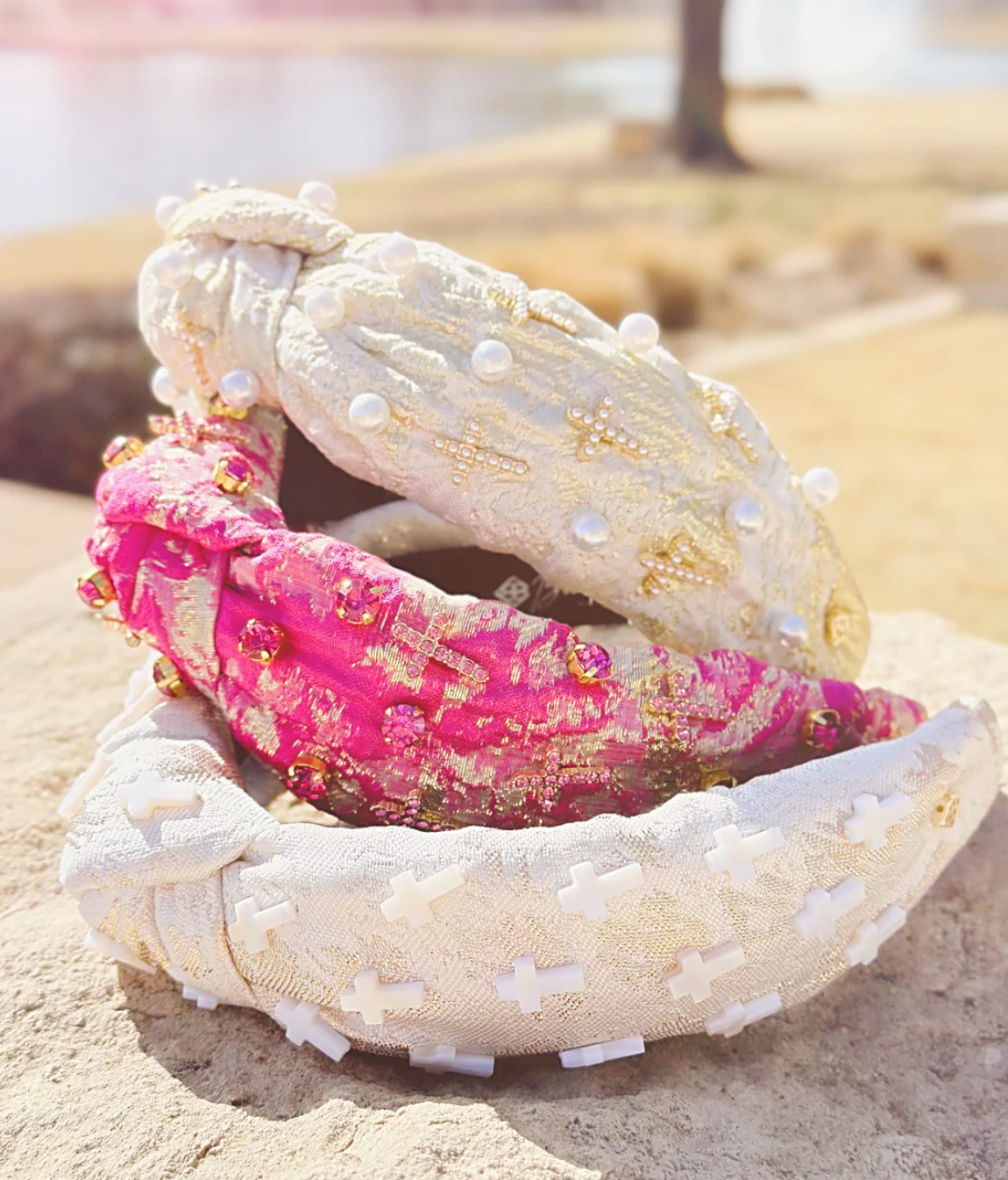 gold and ivory metallic headband with pearls and crosses