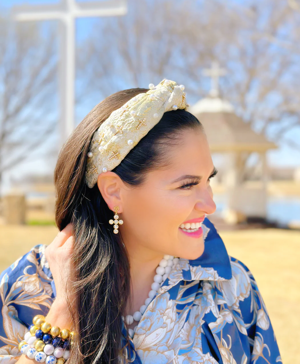 gold and ivory metallic headband with pearls and crosses