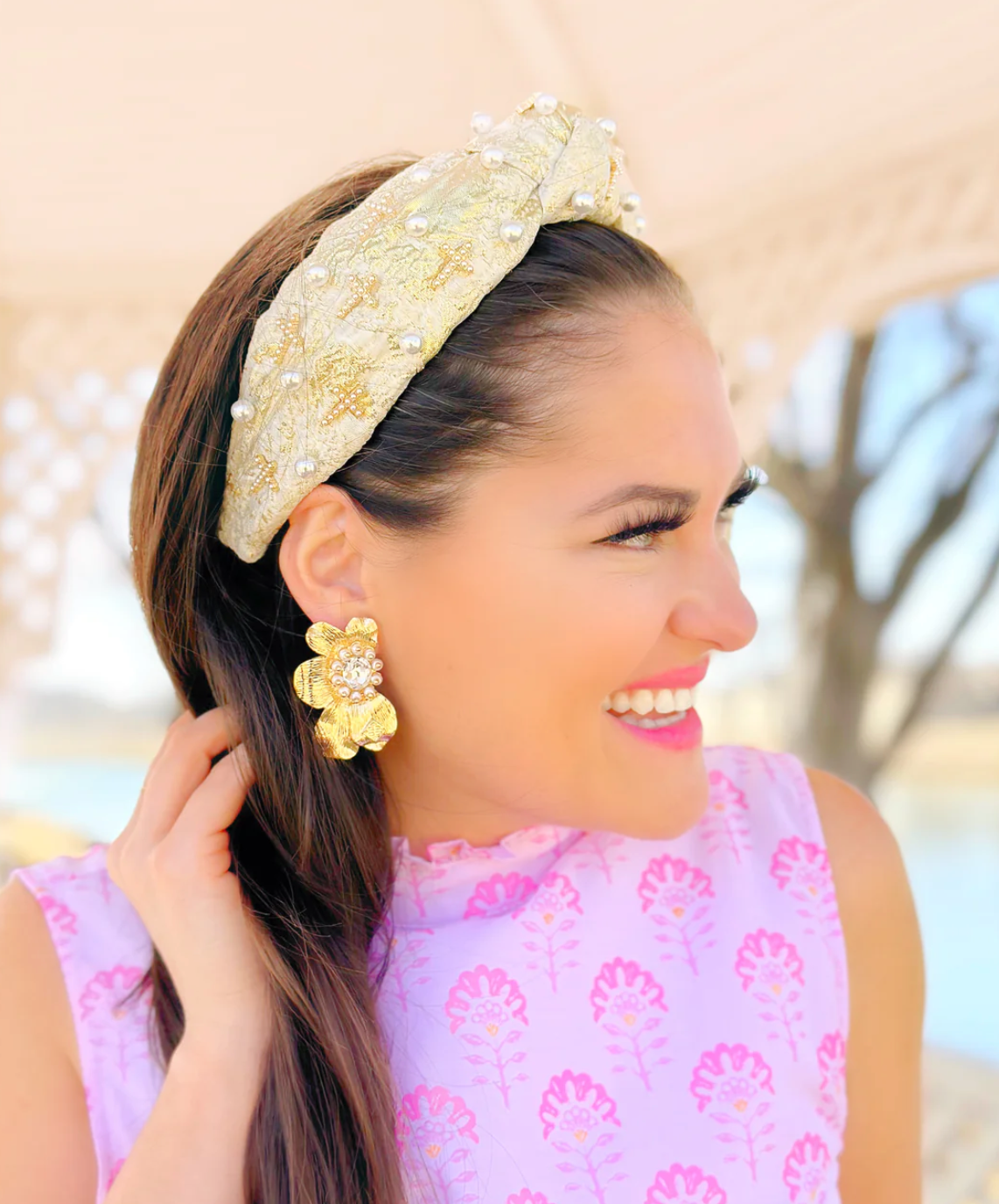 gold and ivory metallic headband with pearls and crosses