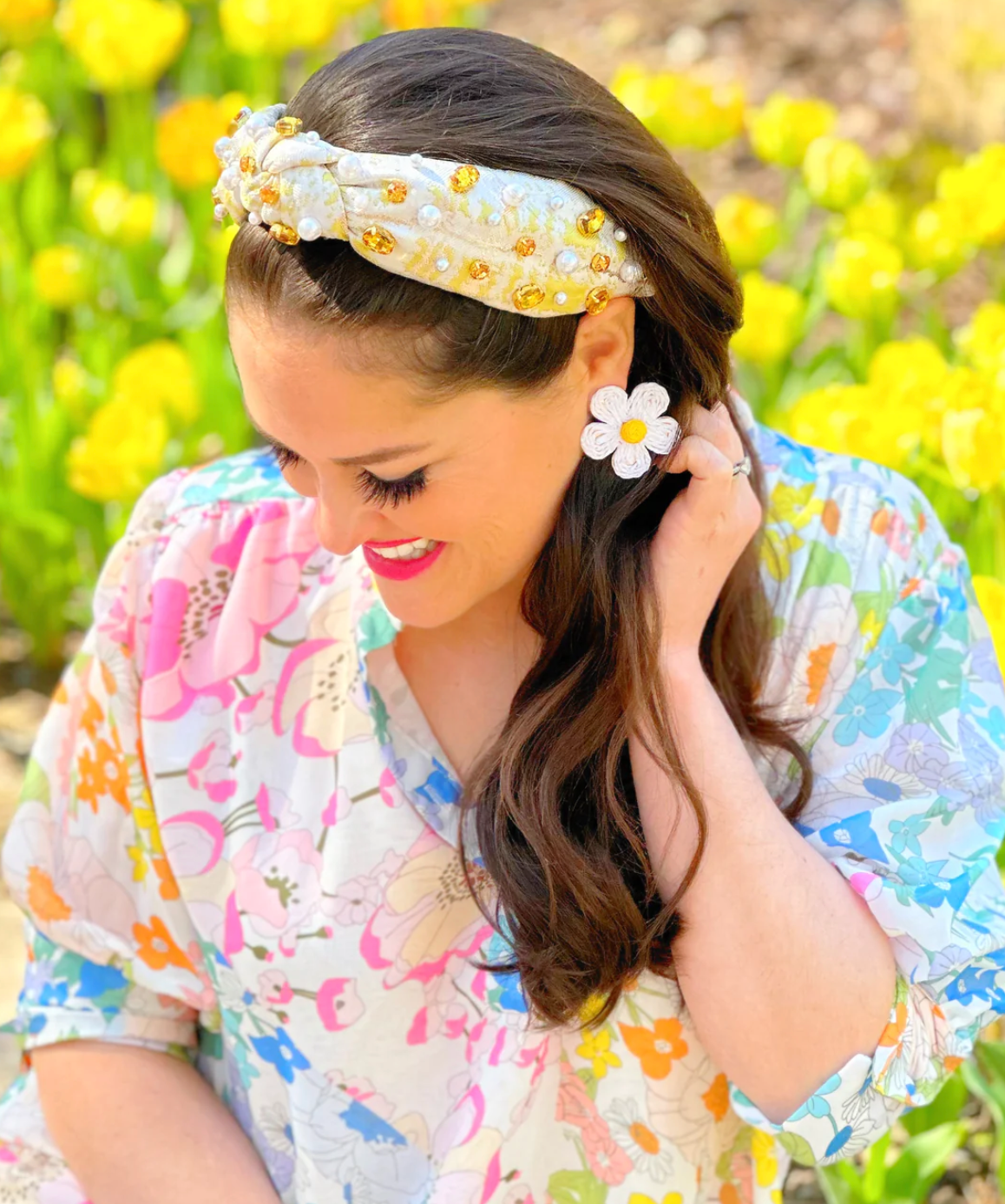 yellow jacquard metallic headband with crystals and pearls