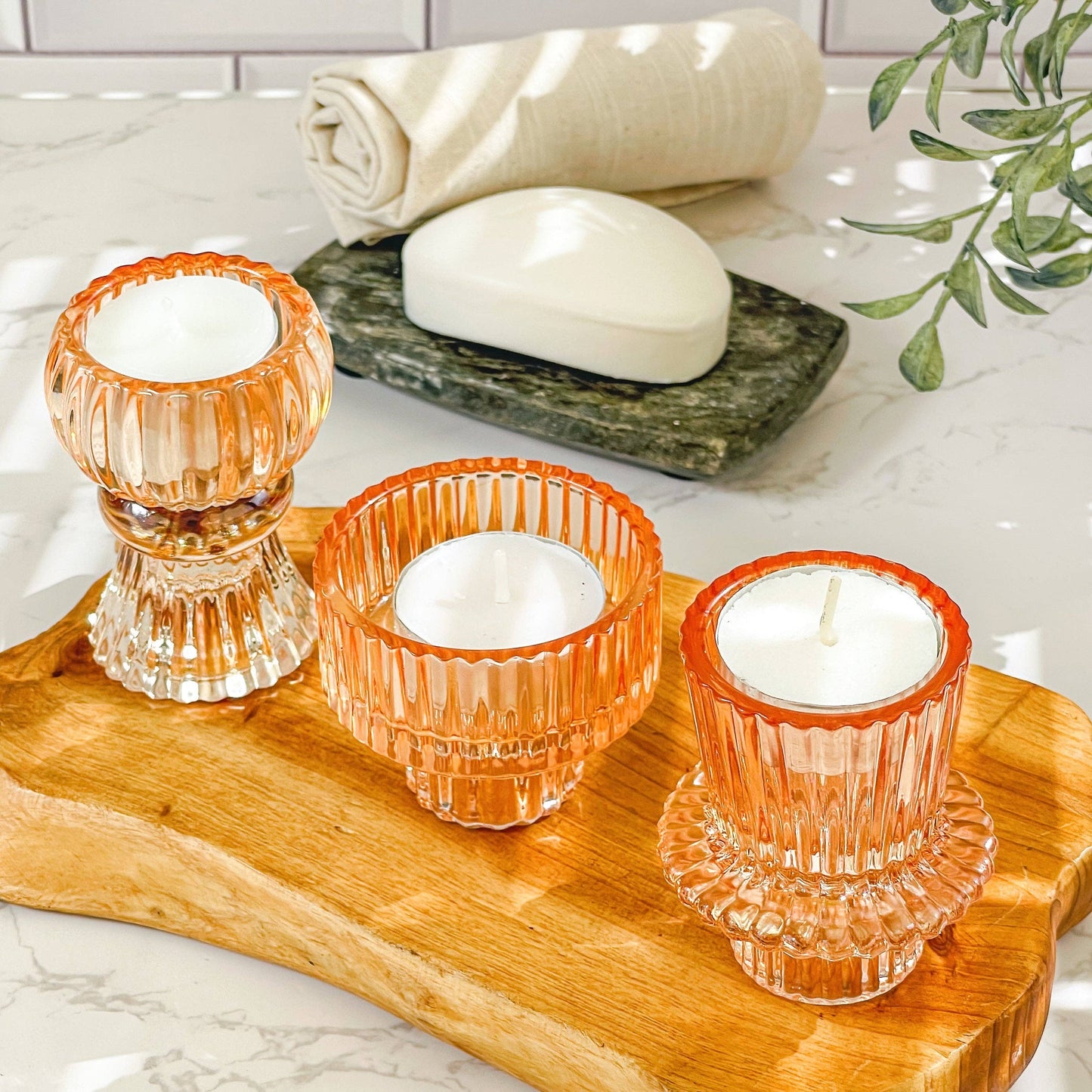 Vintage Ribbed Glass Rose Gold Candle Holders Set