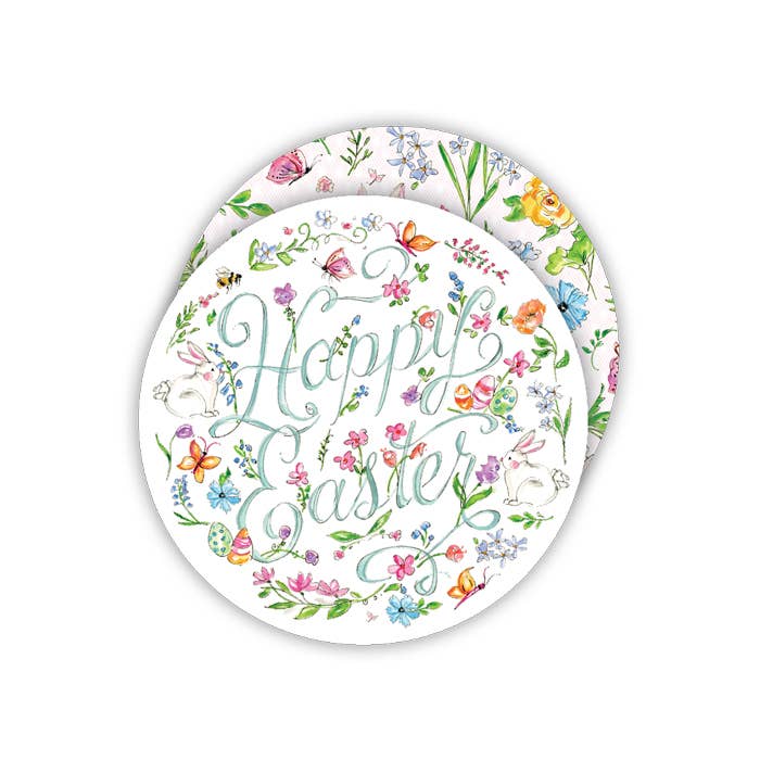 Handpainted Happy Easter Flowers Round Coaster