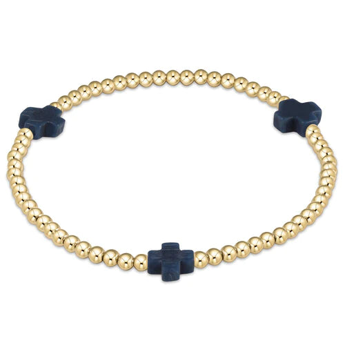 signature cross gold pattern 3mm bead bracelet navy