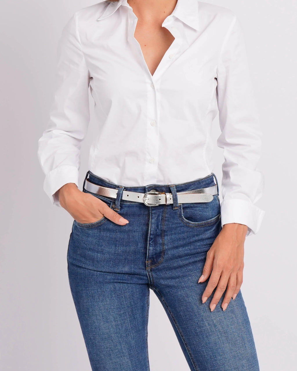 eva silver metallic leather belt