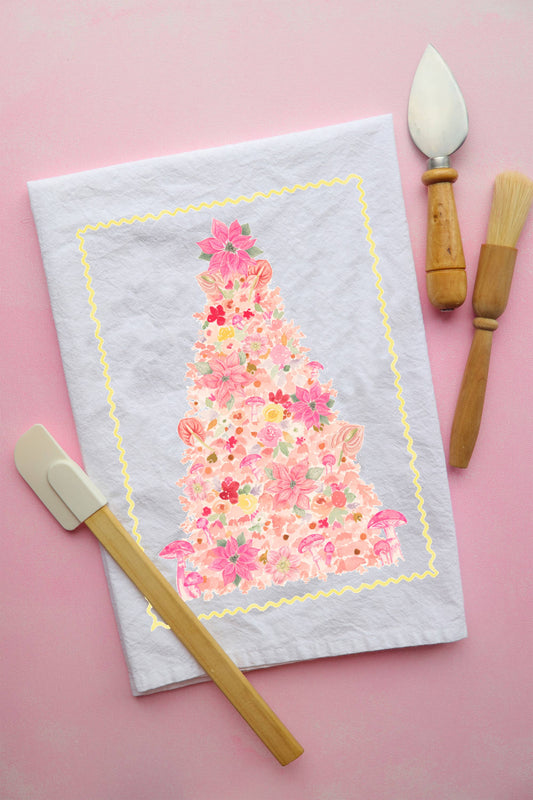 Whimsical pink tree cotton tea towel