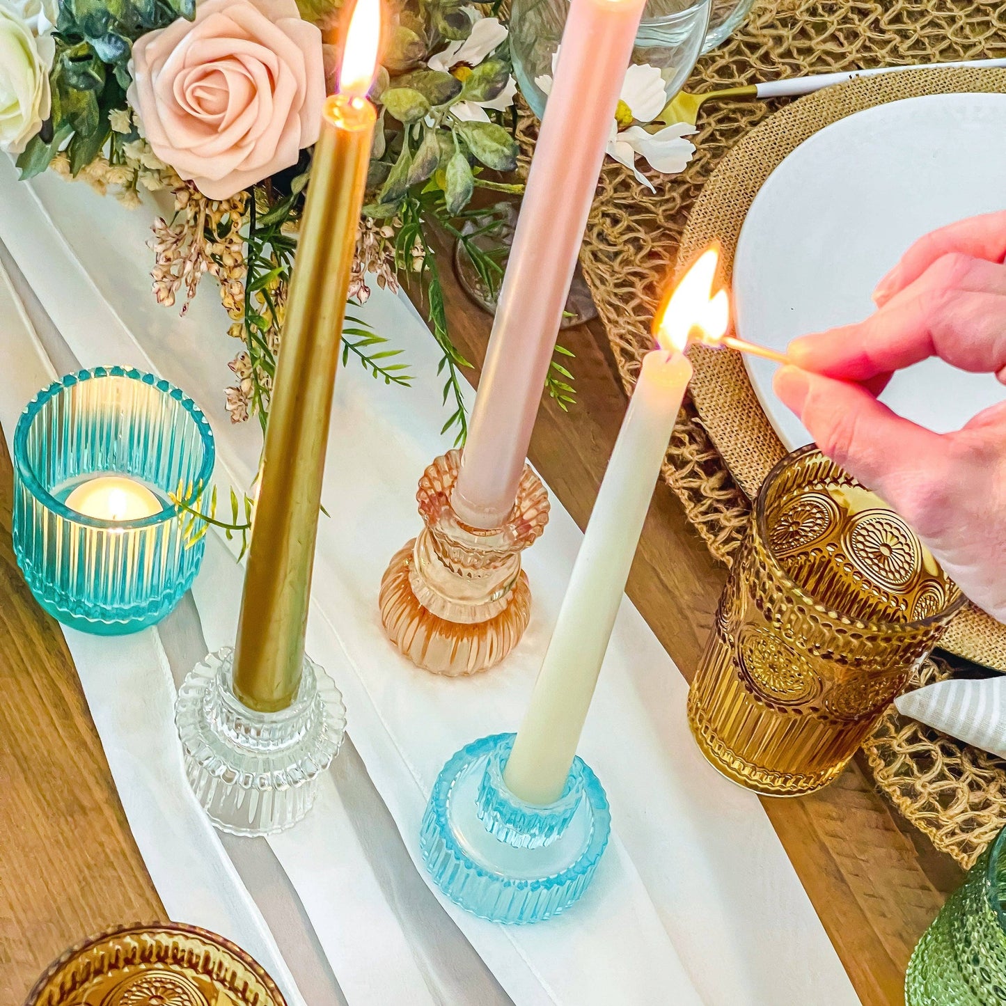 Vintage Ribbed Glass Rose Gold Candle Holders Set