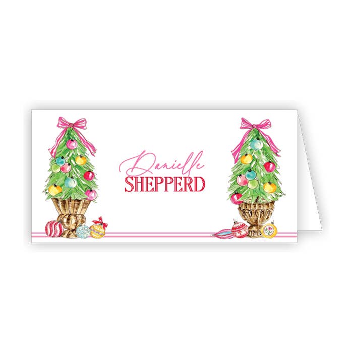 Christmas Trees with Ornaments and Pink Bows Placecard