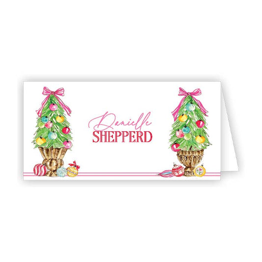 Christmas Trees with Ornaments and Pink Bows Placecard