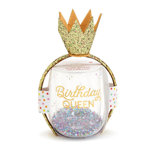 Birthday Queen Stemless Wine Glass and Glitter Crown Headband