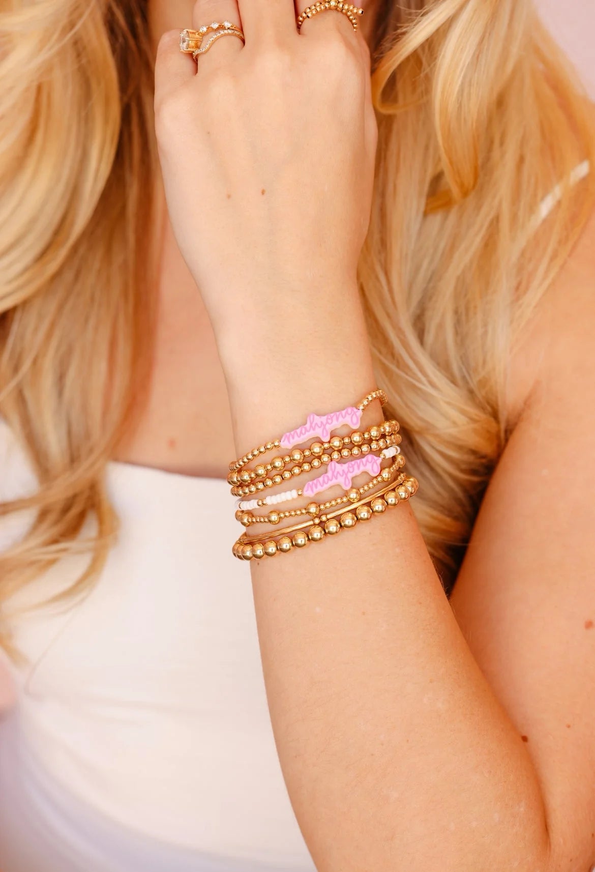mahjong pink bracelet on gold