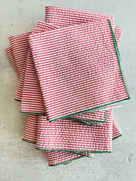 Holiday Seersucker Red and Green, set of four: 10inch cocktail