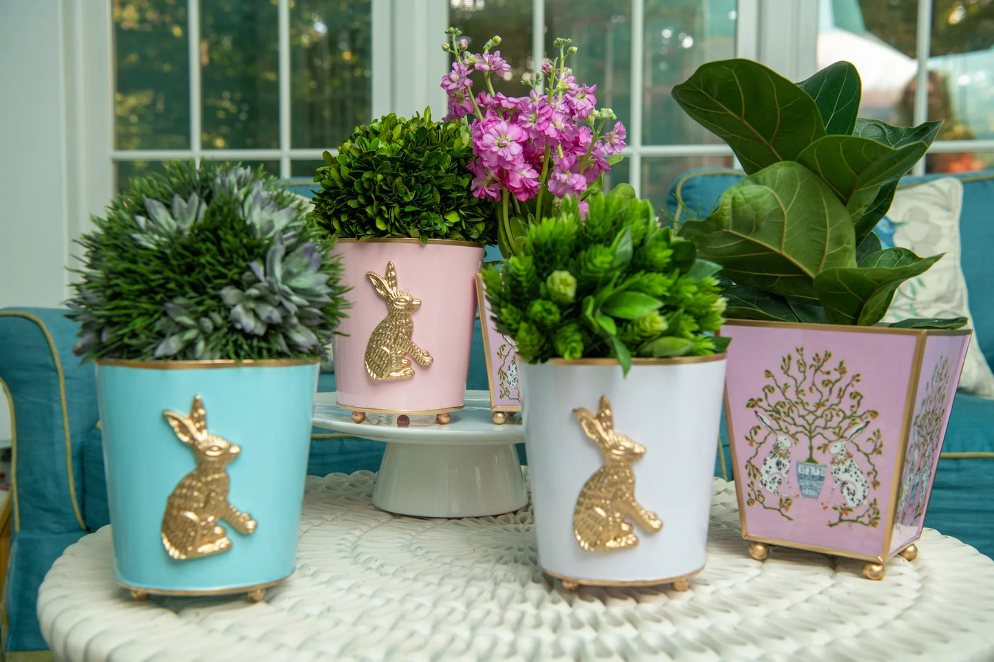 bunnies enameled square cachepot planter