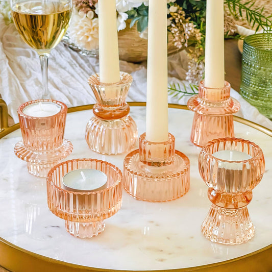 Vintage Ribbed Glass Rose Gold Candle Holders Set