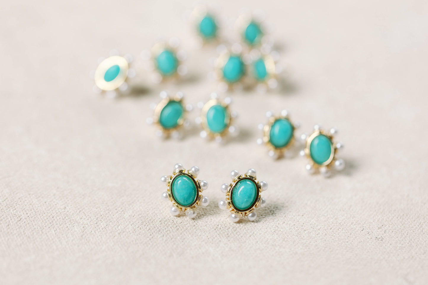 Turquoise and Pearl Oval Stud Earrings