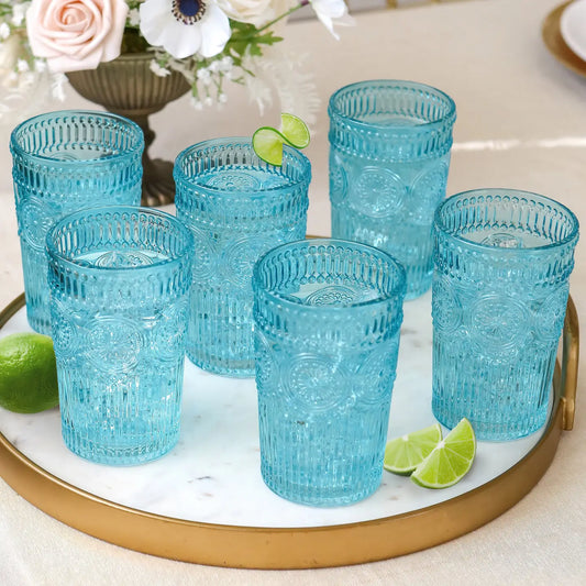 13 oz.vintage textured aqua blue drinking glasses set of 6