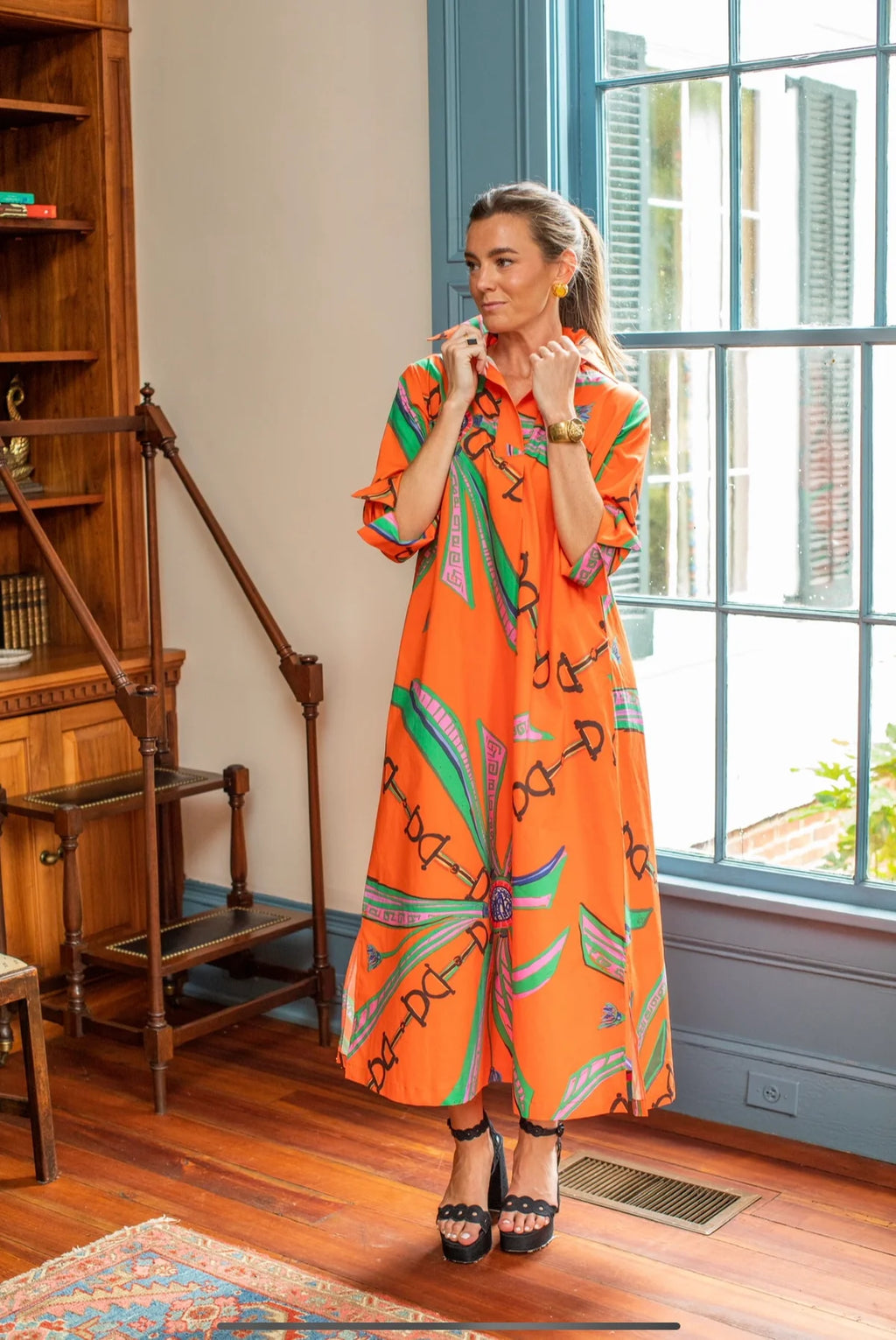 estate orange shirt dress long