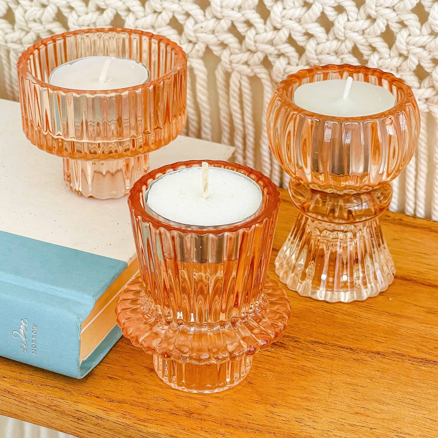 Vintage Ribbed Glass Rose Gold Candle Holders Set