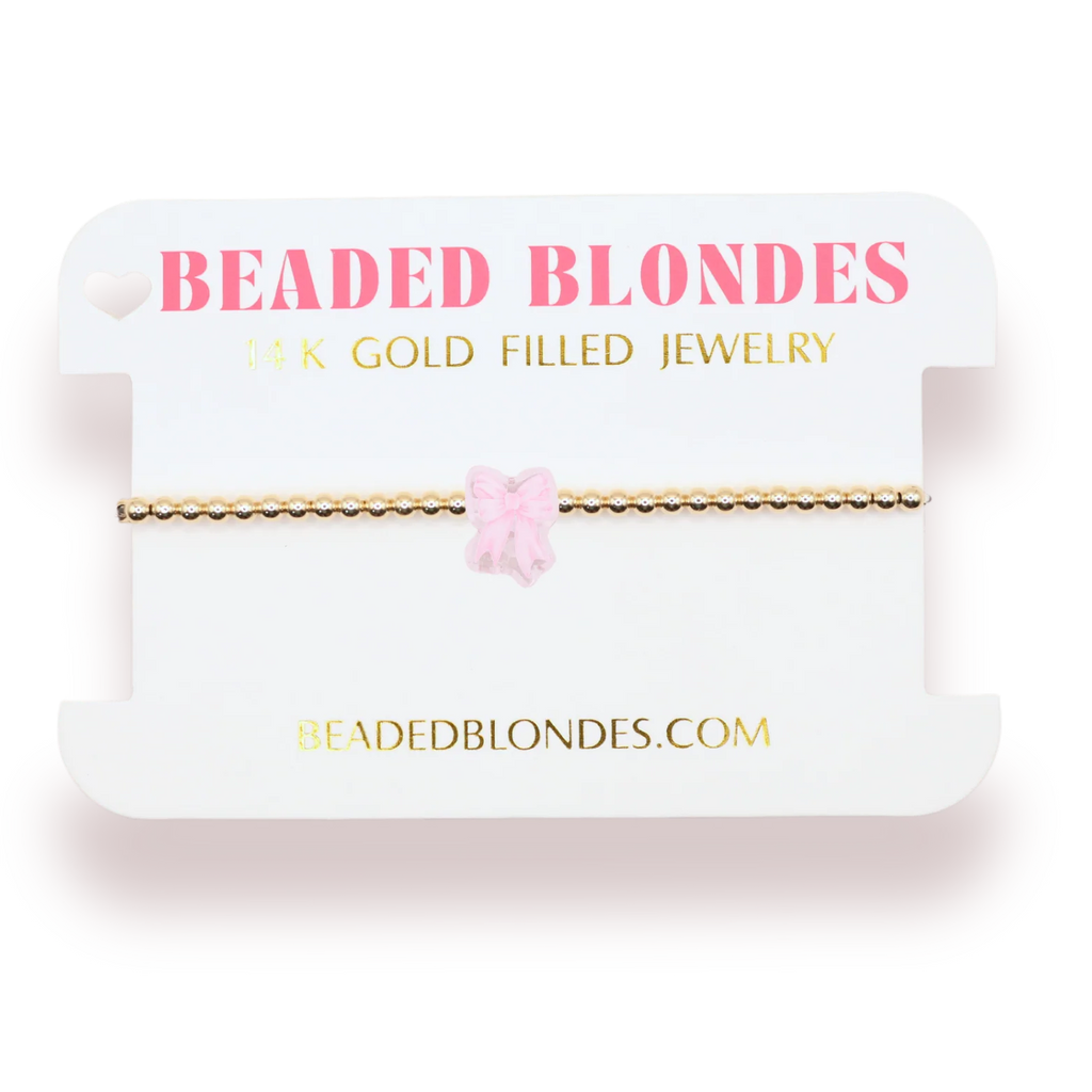 pink watercolor bow beaded bracelet on gold