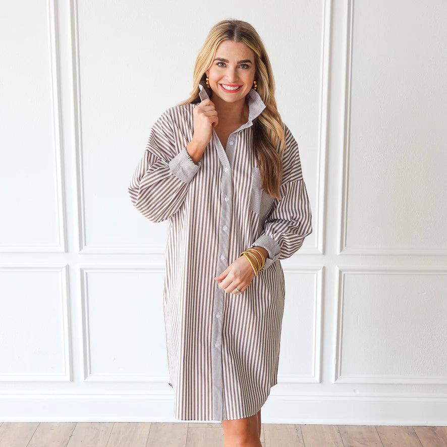 frances dress camel stripe
