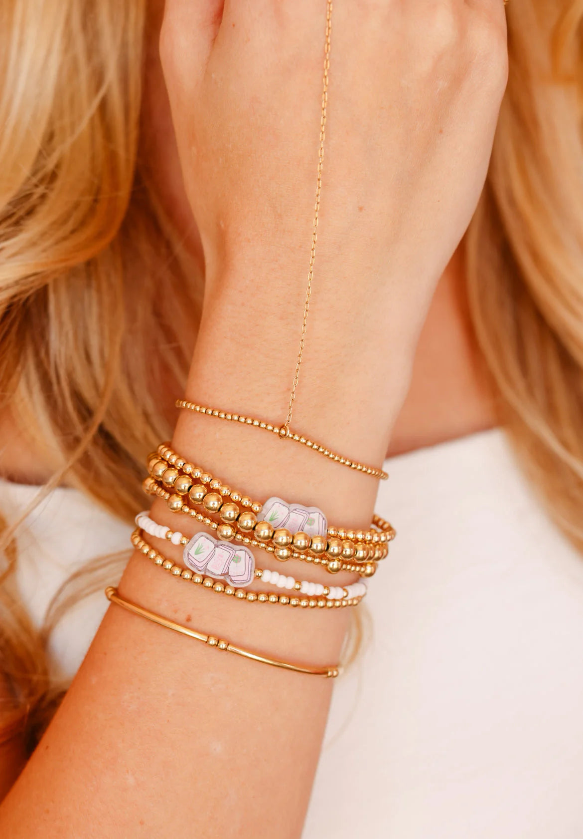 mahjong tile beaded bracelet on gold