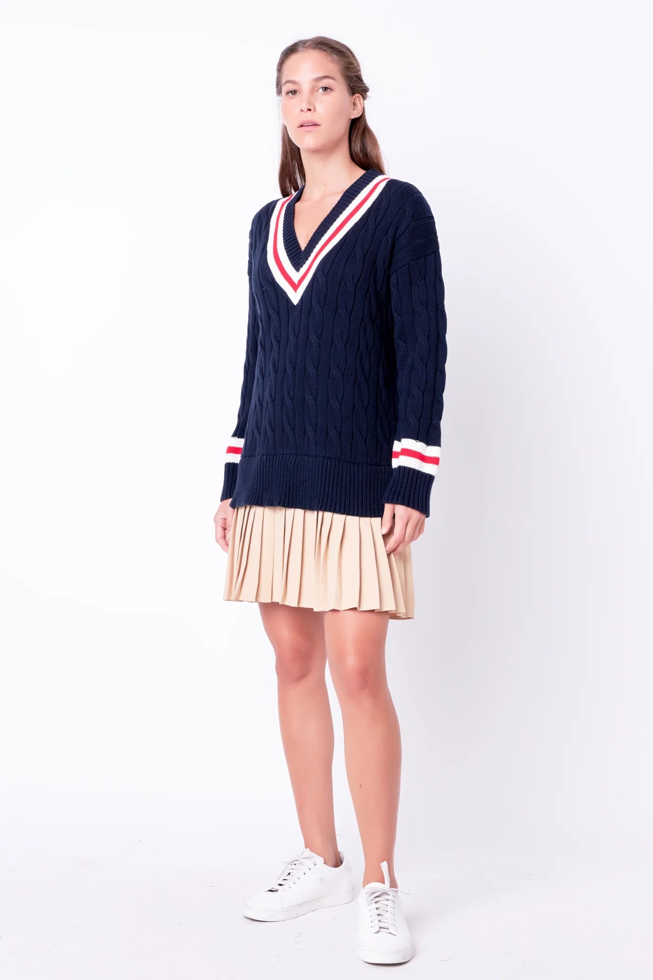 bonnie navy cable knit pleated sweater dress