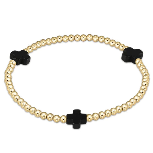 signature cross gold pattern 3mm bead bracelet in onyx